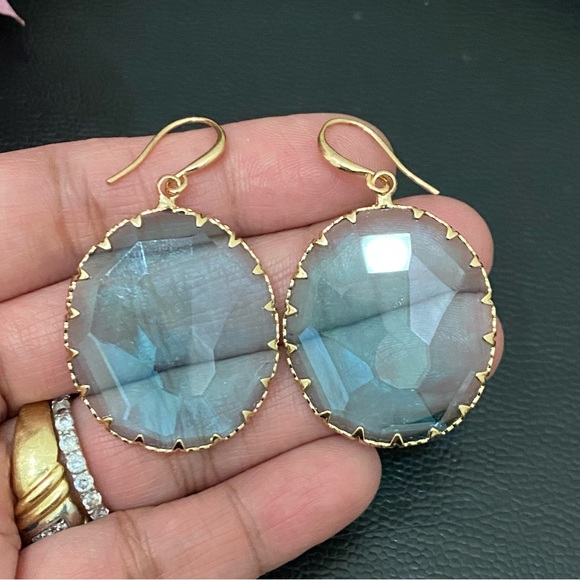 Unsigned Blue Topaz Faceted Glass Round Bezel Drop Earrings 11.8g - Picture 7 of 15